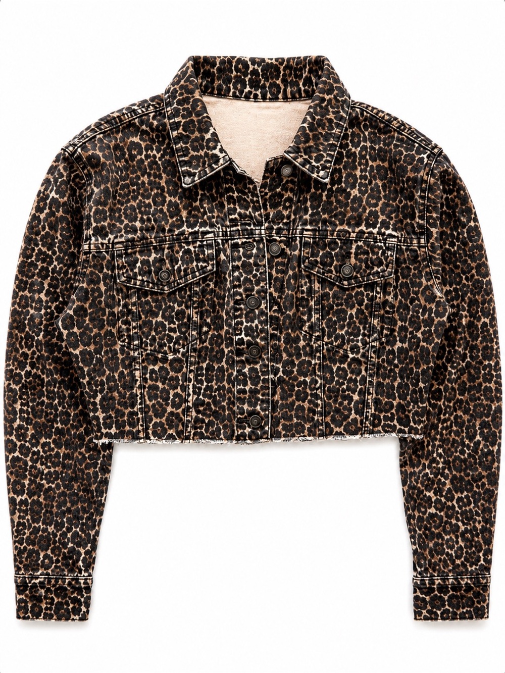 Free People Leopard Print Cropped Denim Jacket XS Raw Hem Animal Print Trucker